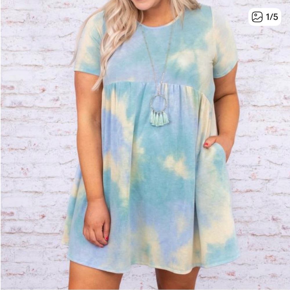 Tie-Dye Short Sleeve Midi Dress - Blue & Cream